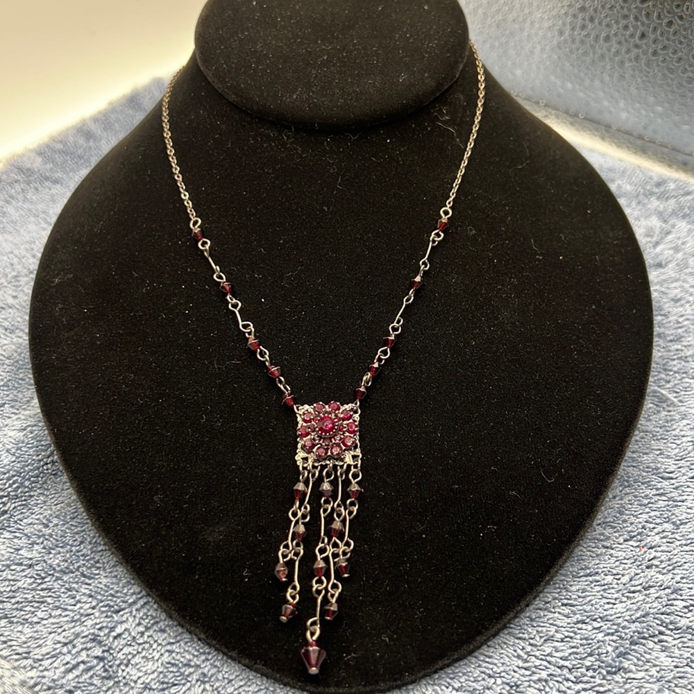 Faux Garnet Necklace with 5 Dangles 18” chain with 2” extender